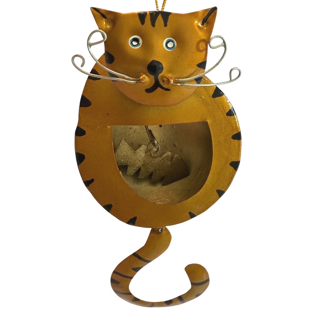 Gold Metal 5 1/2" Long CAT ORNAMENT with a Fish in his Tummy and Dangling Tail